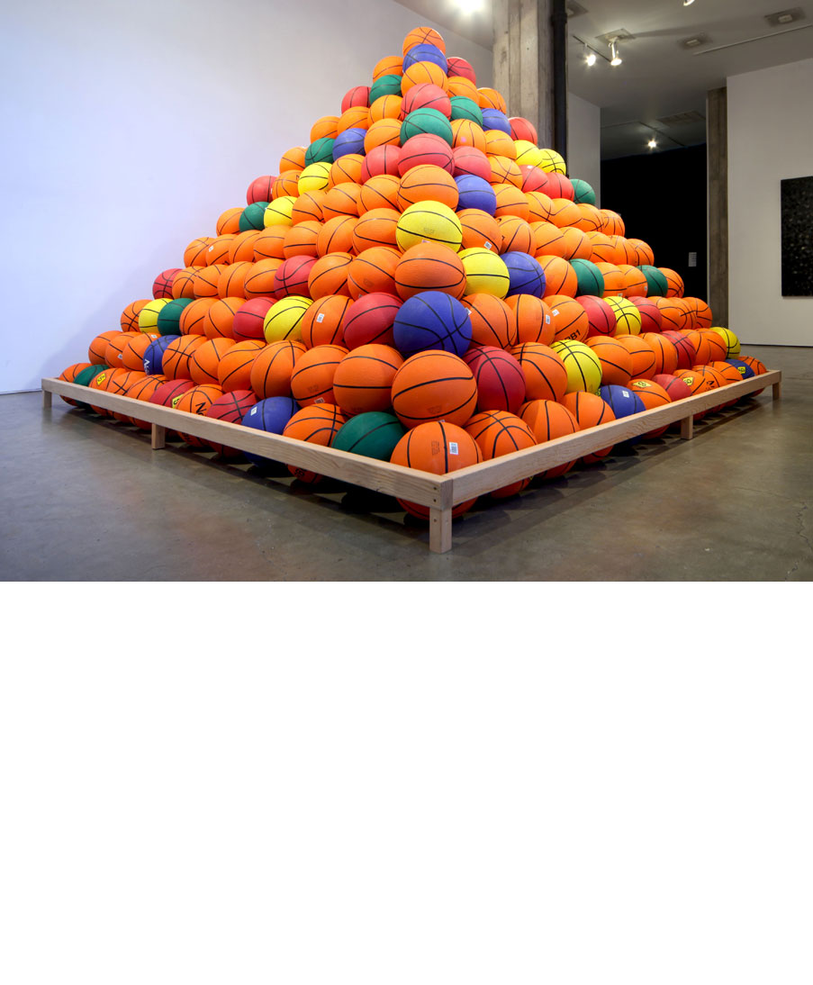 Basketball Pyramid sculpture installation by artist David Huffman